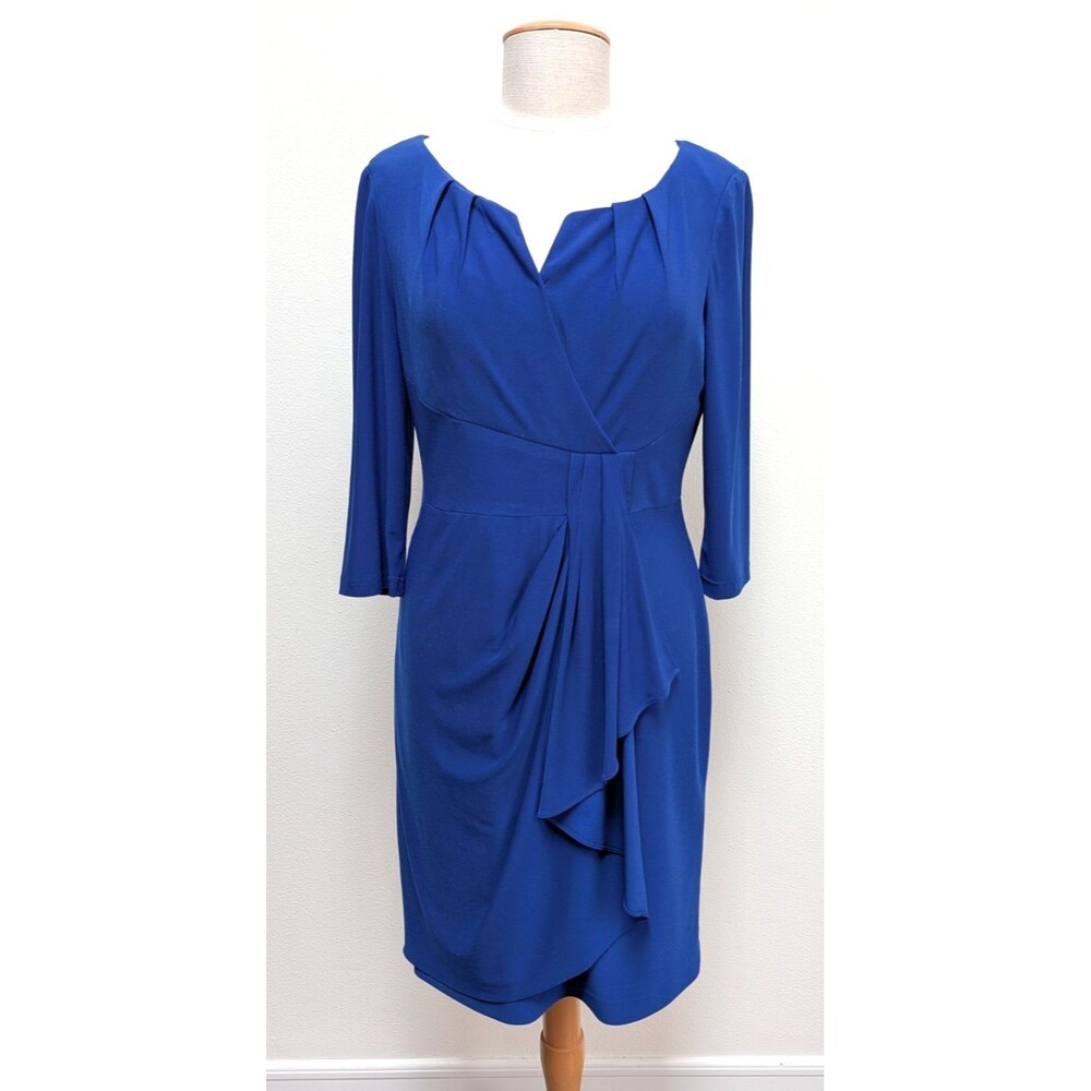 Adrianna Papell  Size 12 Blue Faux Wrap Sheath 3/4 Sleeve Ruffle Dress